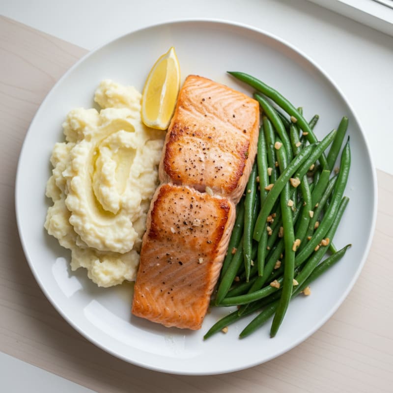 Seared Salmon with Garlic Green Beans and Mashed Cauliflower
