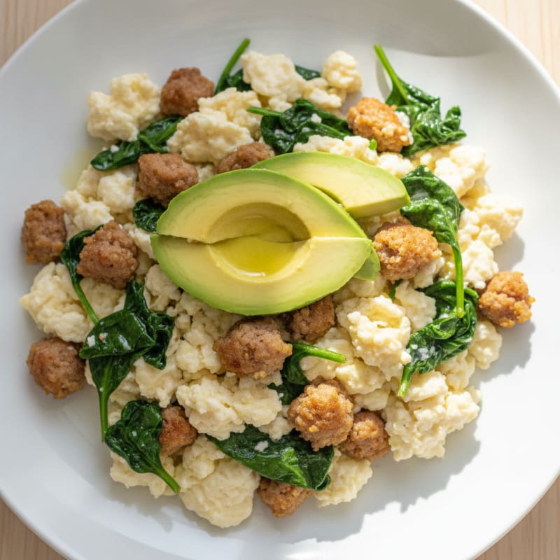 Egg White Scramble with Turkey Sausage and Sautéed Spinach