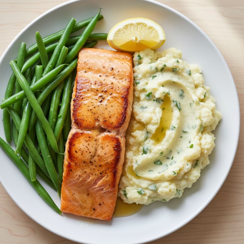 Seared Salmon with Steamed Green Beans and Garlic Mashed Cauliflower