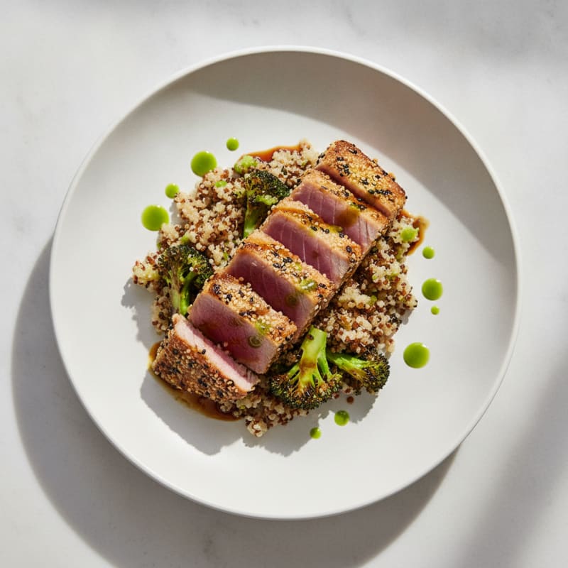 Seared Tuna Steak with Roasted Broccoli and Quinoa