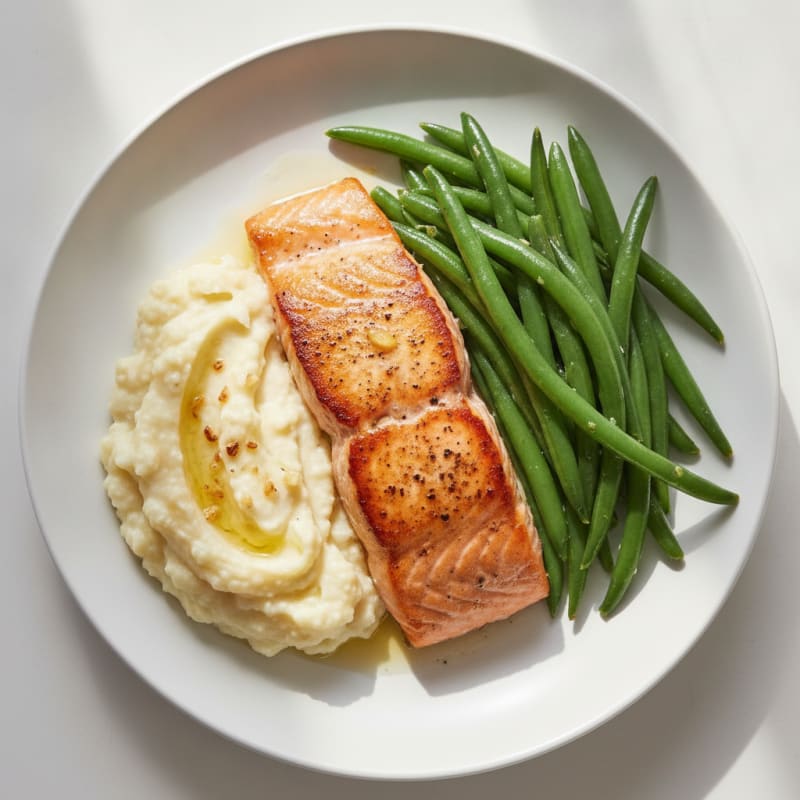 Seared Salmon with Steamed Green Beans and Garlic Mashed Cauliflower