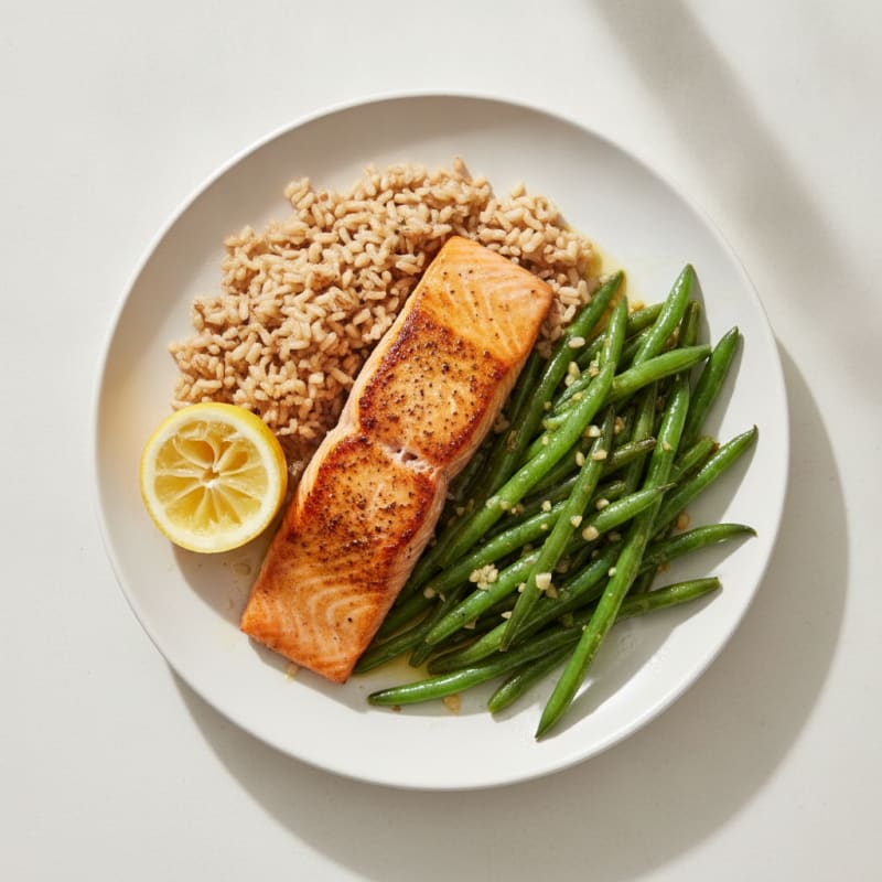 Seared Salmon with Garlic Green Beans and Brown Rice
