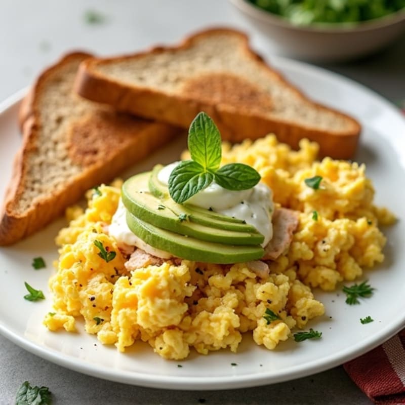 Protein-Packed Scrambled Eggs and Turkey with Creamy Avocado, Cottage Cheese, and Whole Wheat Toast