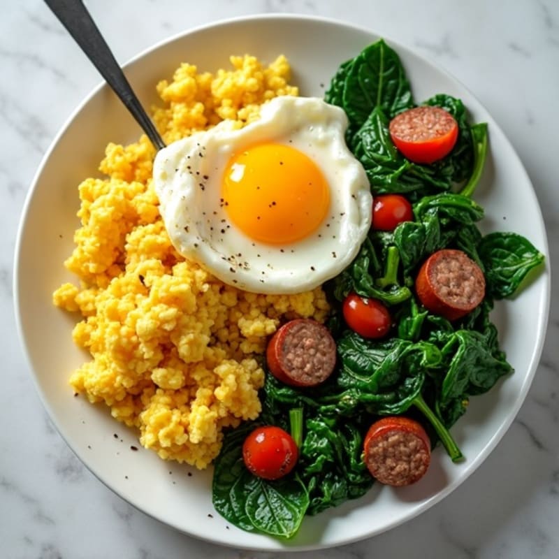 Fluffy Egg Scramble with Sautéed Spinach and Lean Turkey Sausage