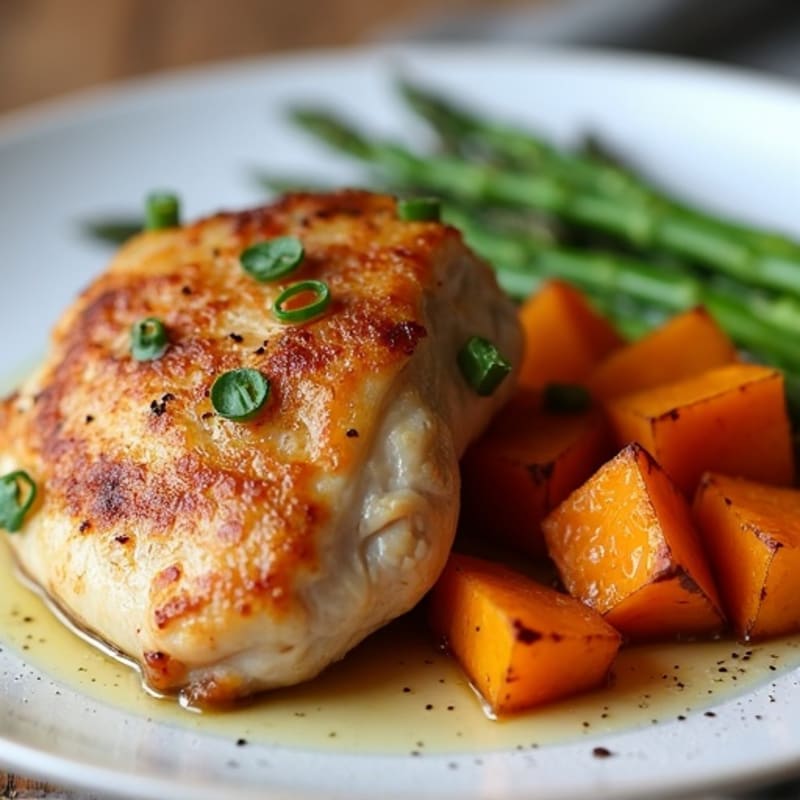 Seared Chicken Thighs with Roasted Sweet Potato and Asparagus