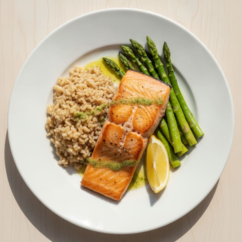 Seared Salmon Fillet with Steamed Asparagus and Brown Rice