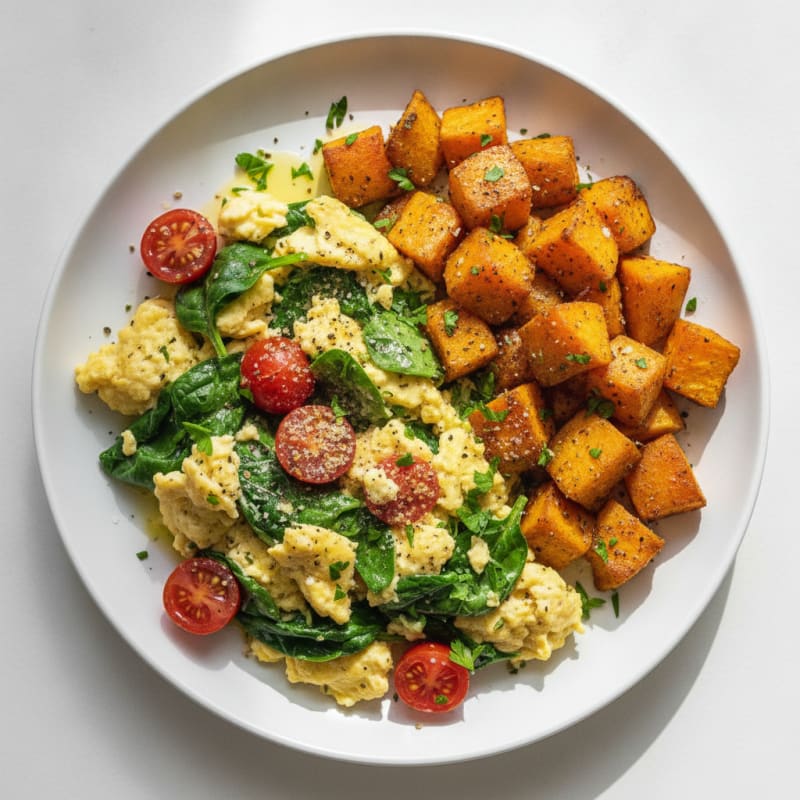 Mediterranean Egg Scramble with Roasted Sweet Potatoes