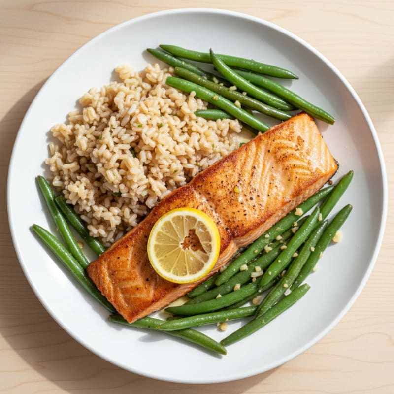 Seared Salmon with Garlic Green Beans and Brown Rice