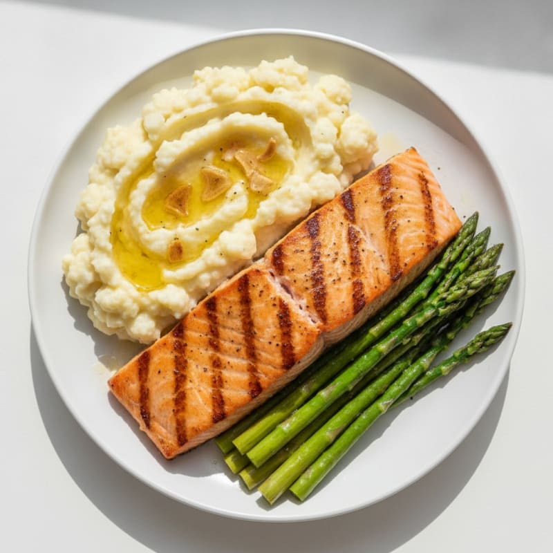 Grilled Salmon with Steamed Asparagus and Garlic Mashed Cauliflower