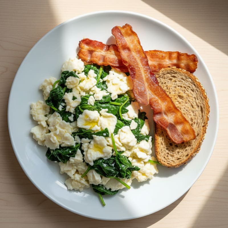 Scrambled Egg Whites with Sautéed Spinach and Turkey Bacon