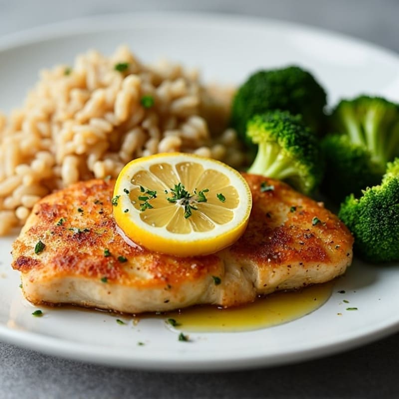 Crispy Lemon Herb Chicken Breast with Brown Rice and Roasted Broccoli
