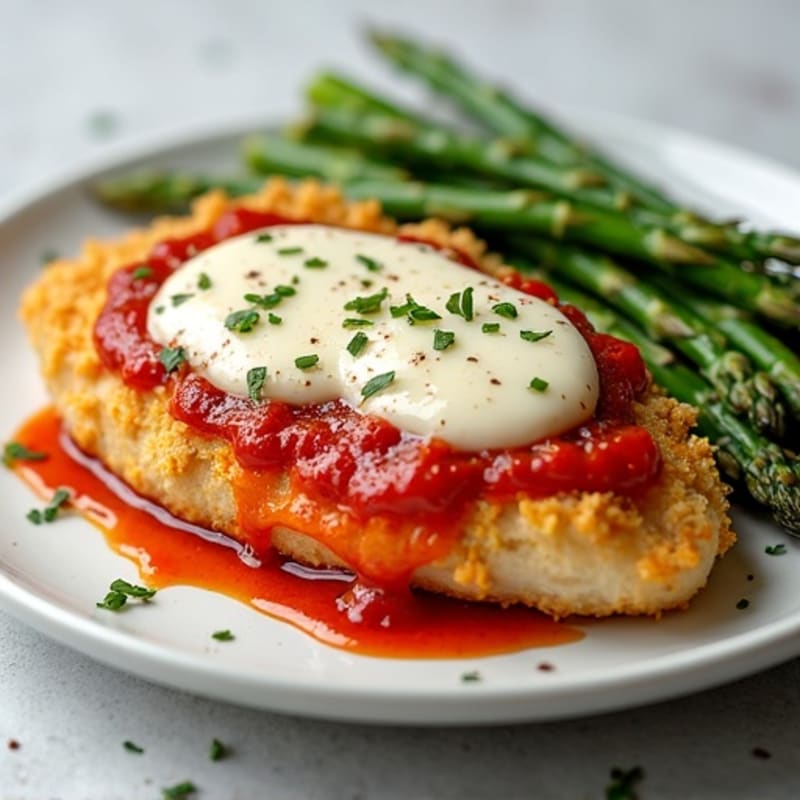 Healthy Crispy Baked Chicken Parmesan with Roasted Asparagus