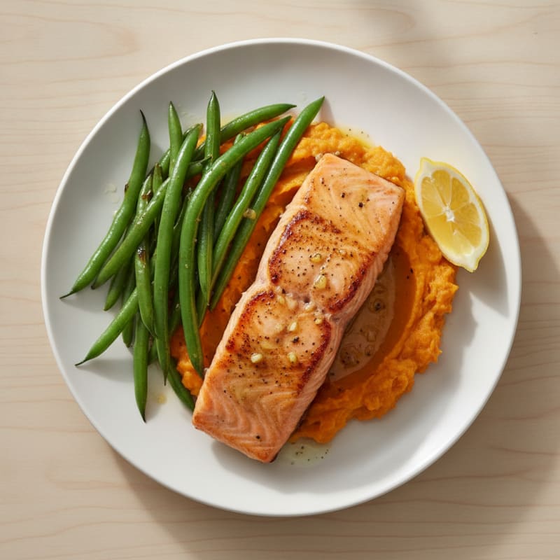 Seared Salmon Fillet with Steamed Green Beans and Sweet Potato Mash