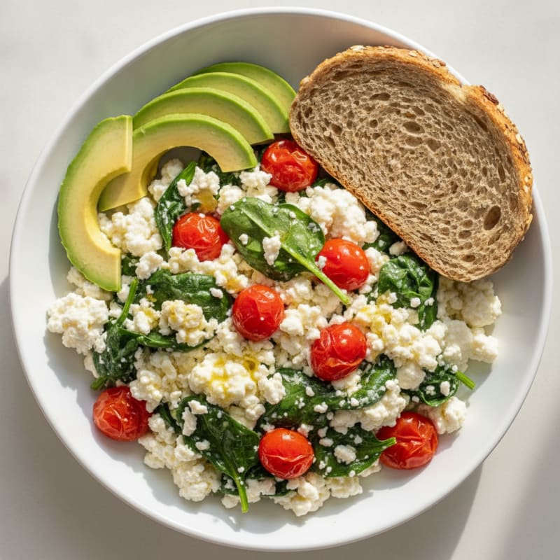 Egg White and Cottage Cheese Scramble with Spinach and Cherry Tomatoes