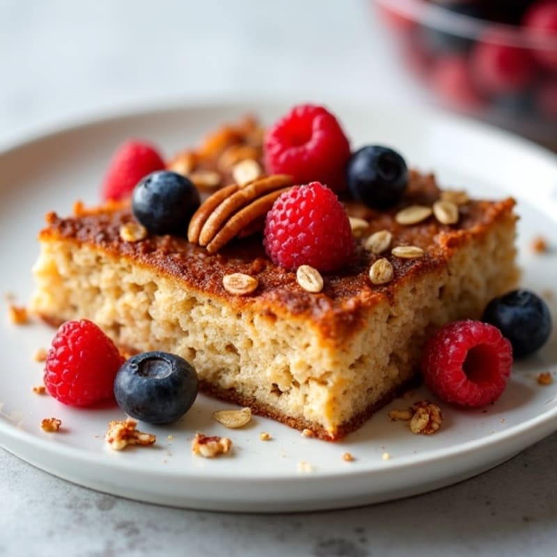 Warm, Cinnamon-Spiced Baked Oatmeal with Fresh Berries and Toasted Pecans