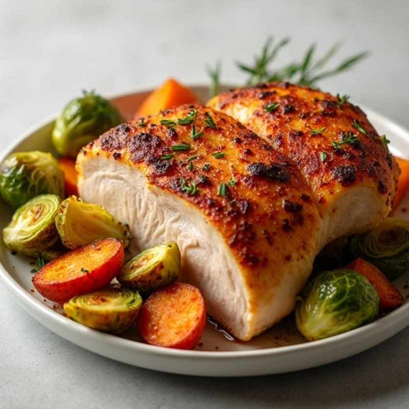 Tender Rotisserie Chicken with Crispy Roasted Brussels Sprouts and Sweet Potatoes