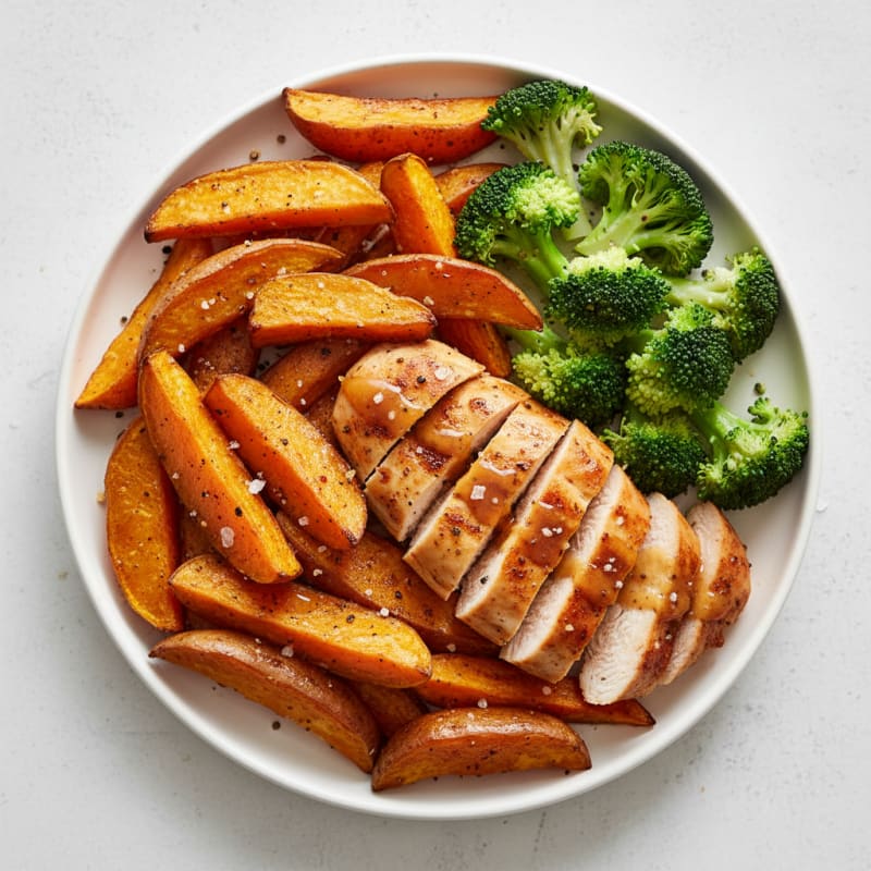 Crispy Roasted Sweet Potato Wedges with Smoked Paprika Chicken