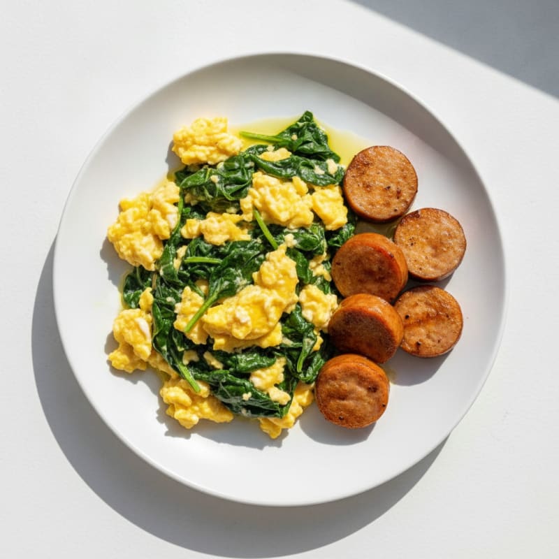 Scrambled Eggs with Chicken Sausage and Sautéed Spinach