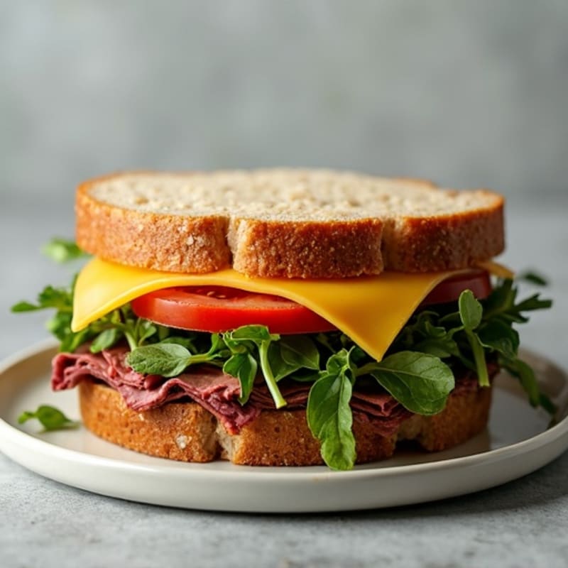 Lean Roast Beef and Sharp Cheddar Whole Grain Sandwich with Crispy Greens