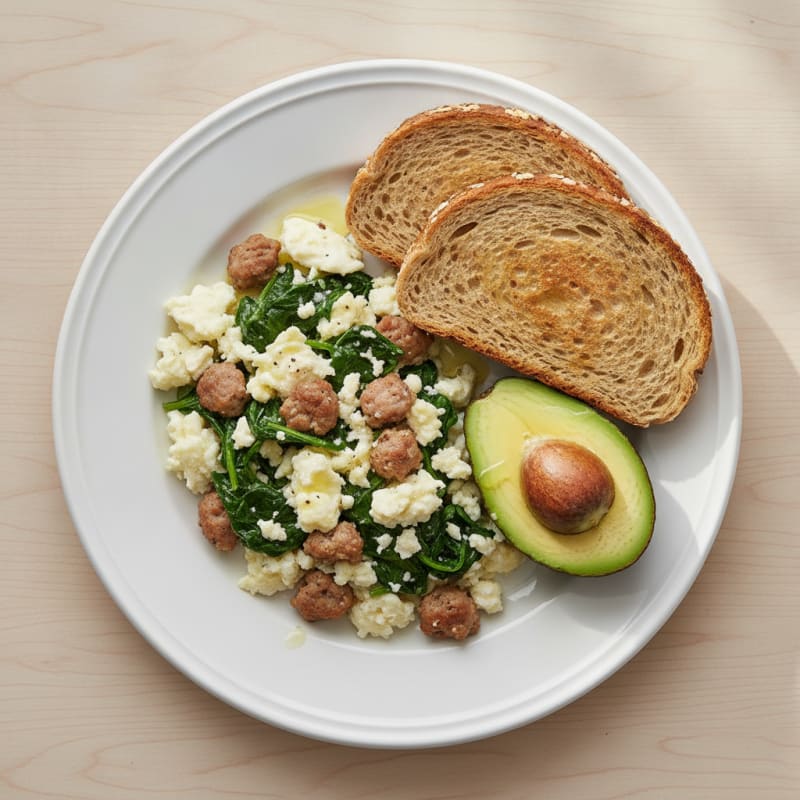 Egg White Scramble with Turkey Sausage and Sautéed Spinach