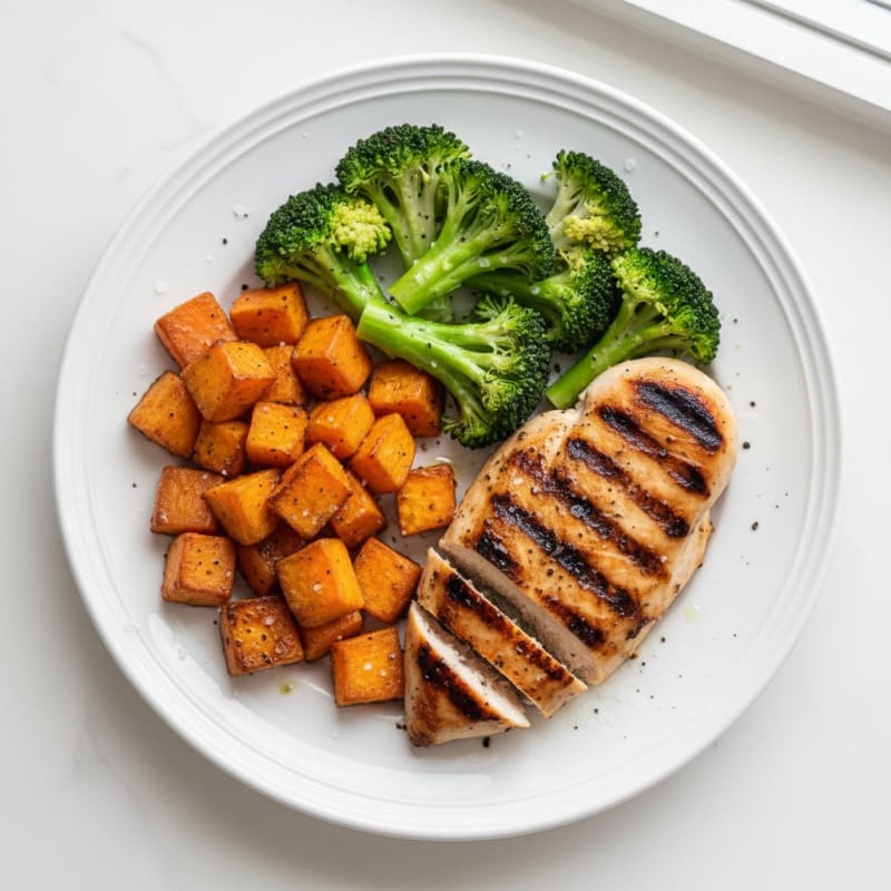 Grilled Chicken Breast with Roasted Sweet Potato and Steamed Broccoli