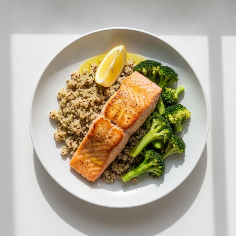 Seared Salmon with Steamed Broccoli and Quinoa