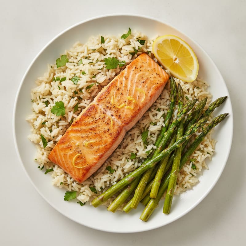 Seared Salmon with Herb Rice Pilaf and Roasted Asparagus