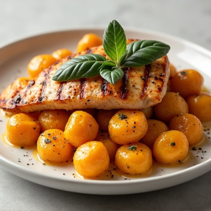 Herb-Roasted Sweet Potato Gnocchi with Sage Brown Butter and Grilled Chicken