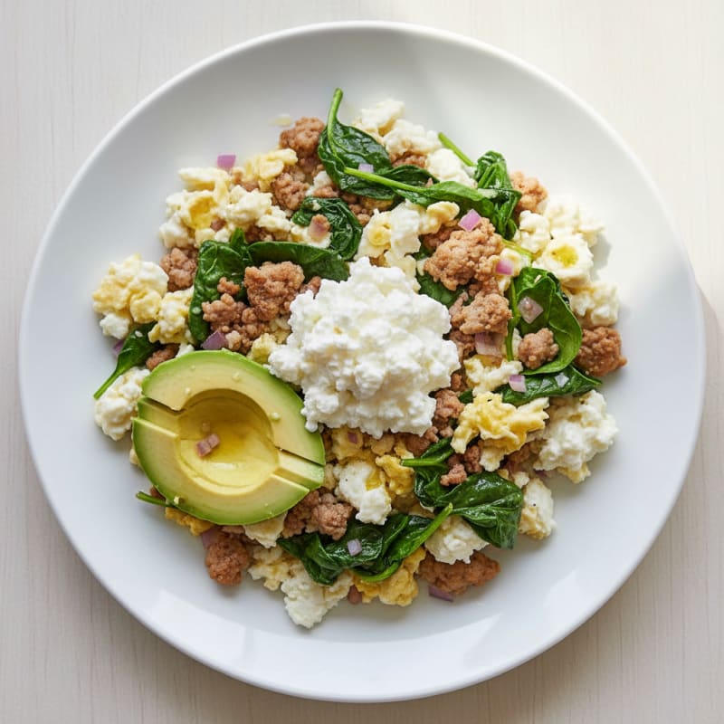 Egg White and Turkey Spinach Scramble with Cottage Cheese