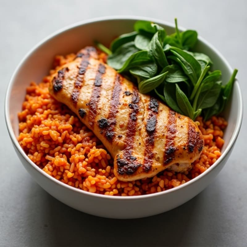 Grilled Chicken Jollof Rice Bowl with Steamed Spinach