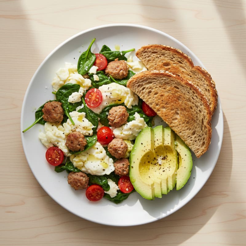 Egg White and Turkey Sausage Scramble with Spinach and Tomatoes