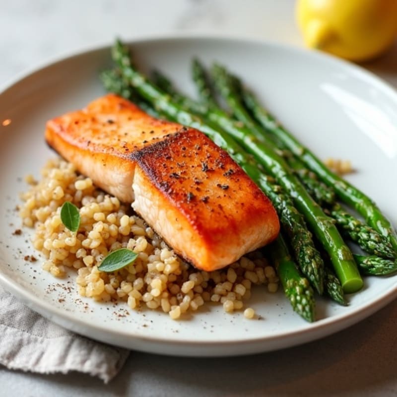 Seared Salmon with Steamed Asparagus and Brown Rice