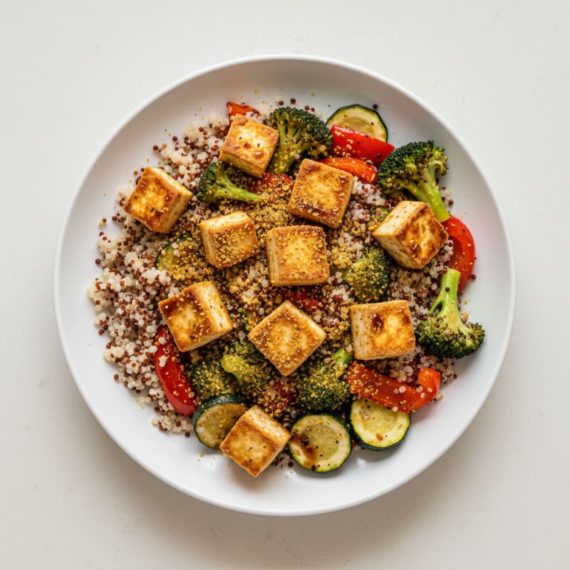 Crispy Tofu and Quinoa Bowl with Roasted Vegetables