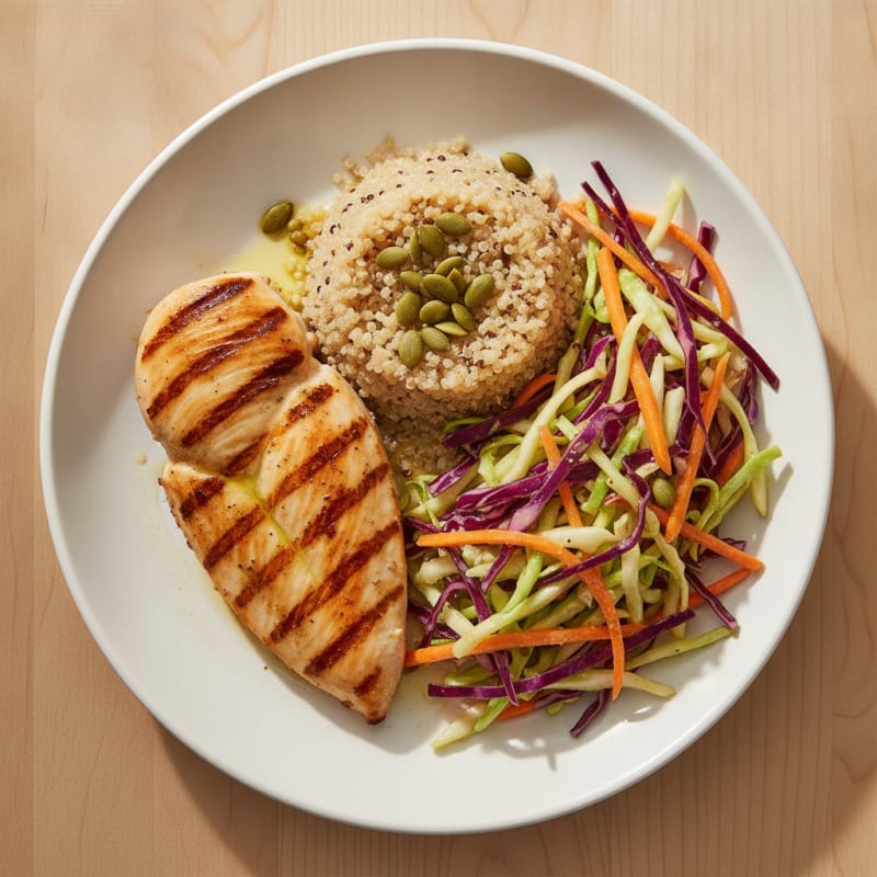 Grilled Chicken Breast with Crunchy Cabbage Slaw and Quinoa