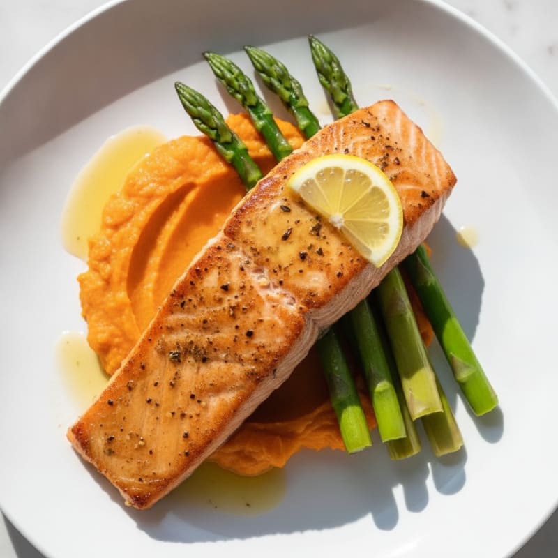 Seared Salmon Fillet with Steamed Asparagus and Sweet Potato Mash