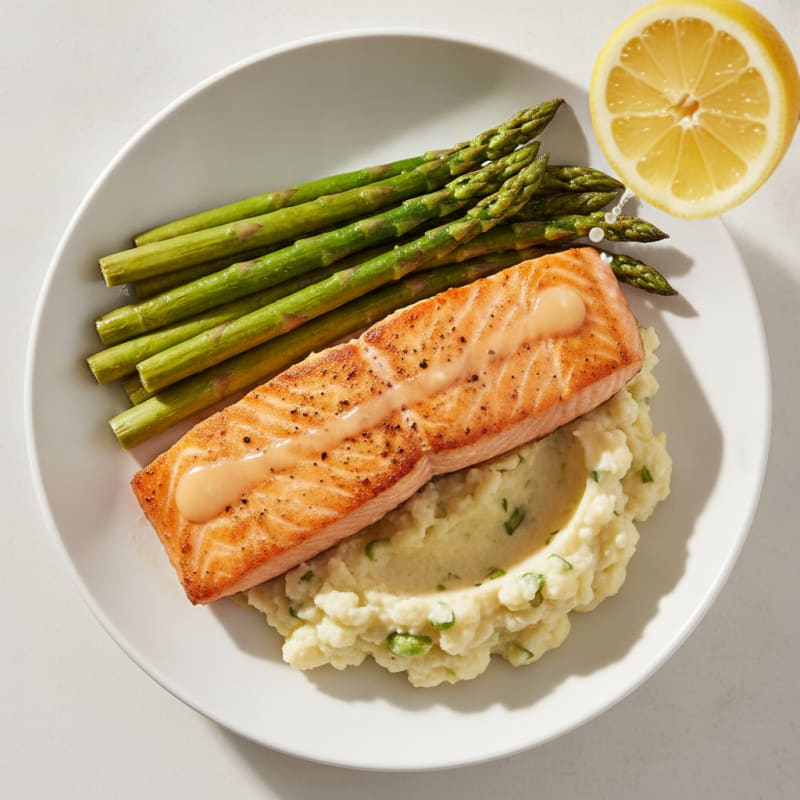 Seared Salmon with Roasted Asparagus and Cauliflower Mash