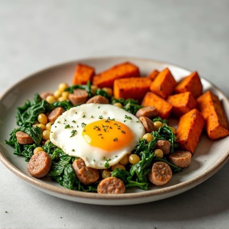 Egg White and Turkey Sausage Scramble with Spinach and Roasted Sweet Potato