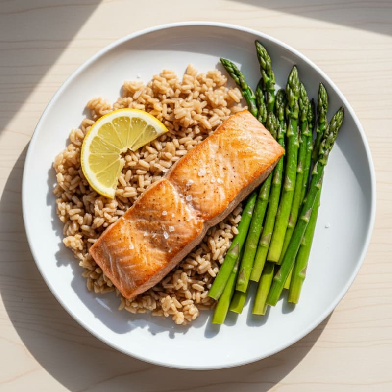 Seared Salmon with Steamed Asparagus and Brown Rice
