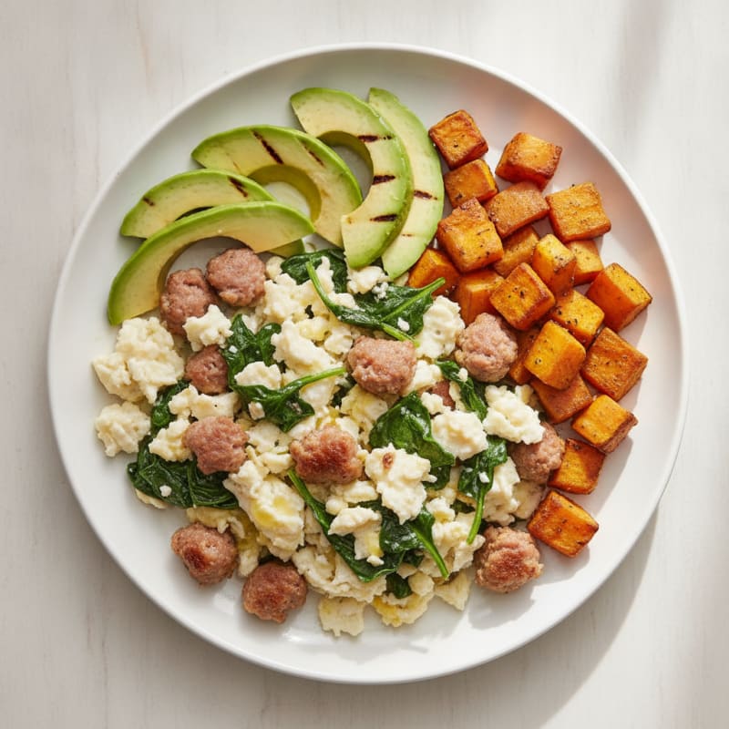 Egg White Scramble with Turkey Sausage and Sautéed Spinach