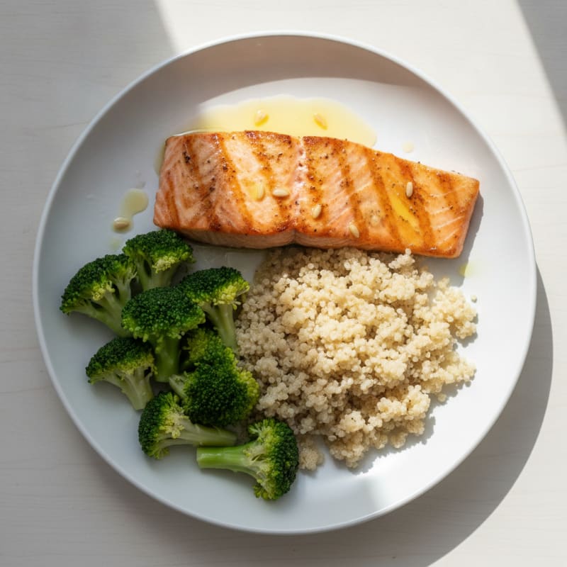 Seared Salmon with Steamed Broccoli and Quinoa