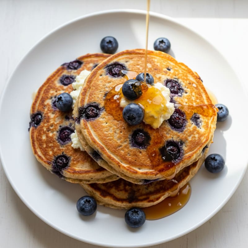 Blueberry Ricotta Pancakes with Maple Syrup