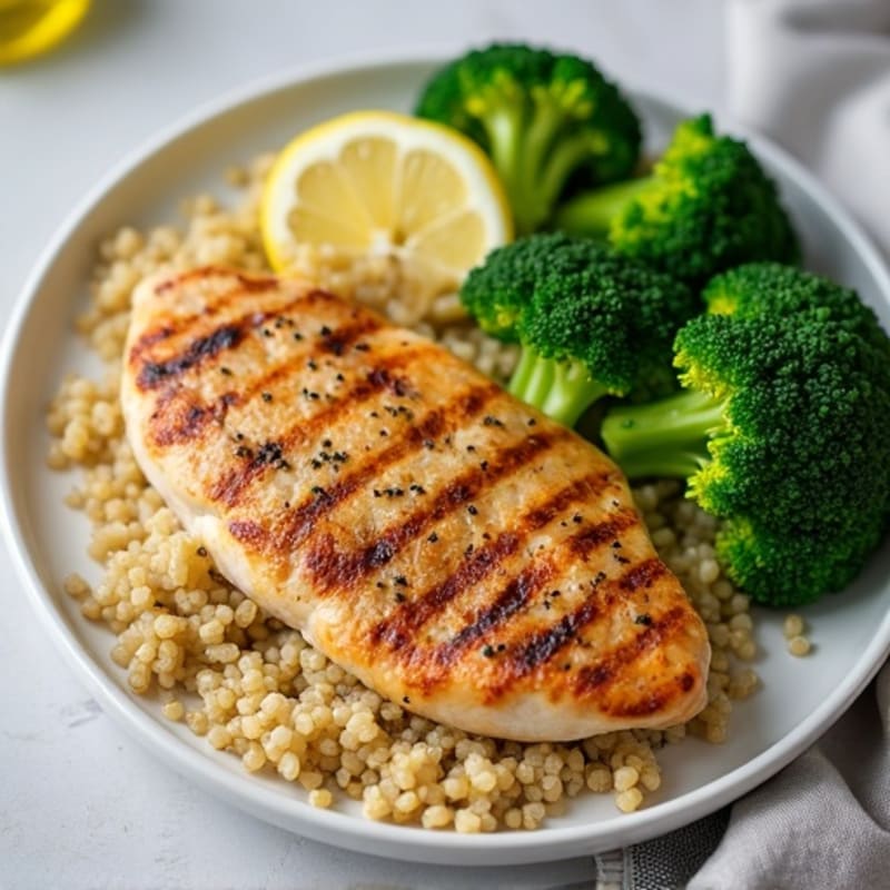 Grilled Lemon-Garlic Chicken Breast with Quinoa and Steamed Broccoli