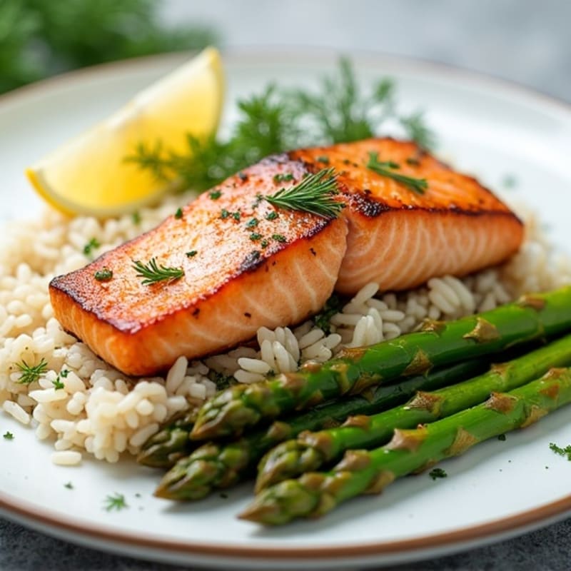 Seared Salmon with Herbed Rice and Roasted Asparagus