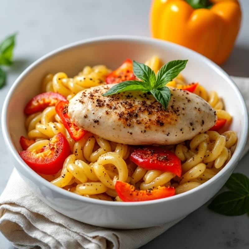 Spicy Herb Chicken with Creamy Whole Wheat Pasta and Bell Peppers