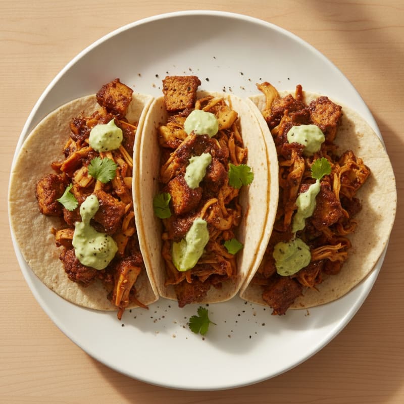 Jackfruit Adobo Tacos with Avocado Crema
