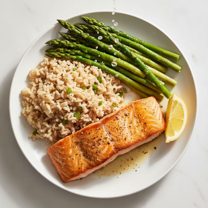 Seared Salmon with Steamed Asparagus and Brown Rice