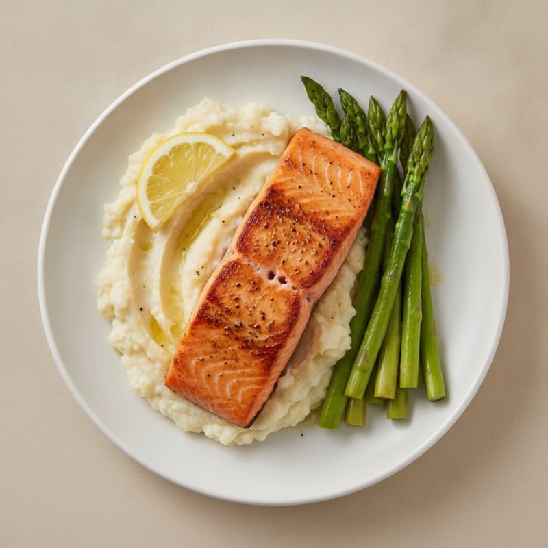 Seared Salmon with Steamed Asparagus and Cauliflower Mash