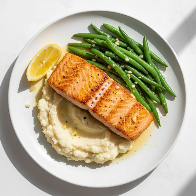 Seared Salmon with Garlic Green Beans and Cauliflower Mash
