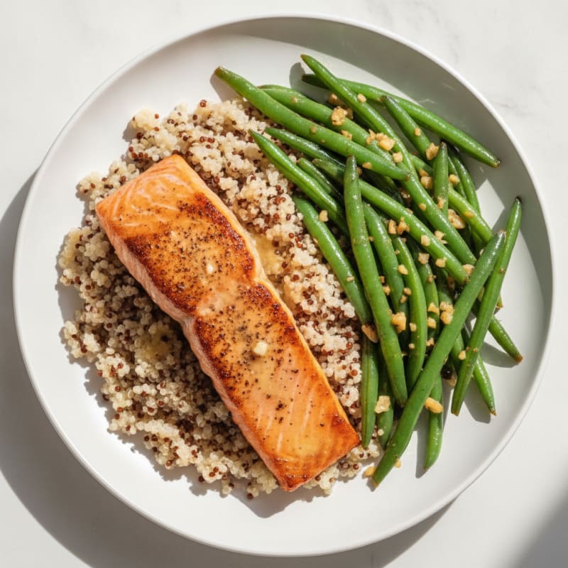 Seared Salmon with Garlic Green Beans and Quinoa