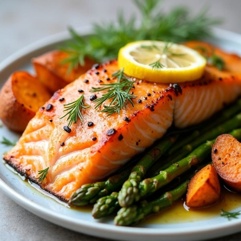 Sheet Pan Lemon-Dill Salmon with Roasted Asparagus and Crispy Sweet Potatoes